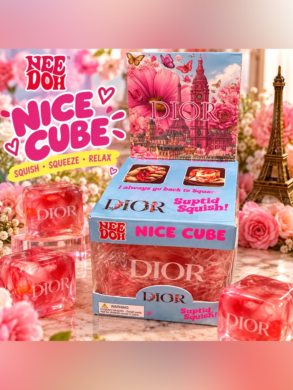 NEE DOH Dior Pink Gel Squishy Nice Cube Stress Toy